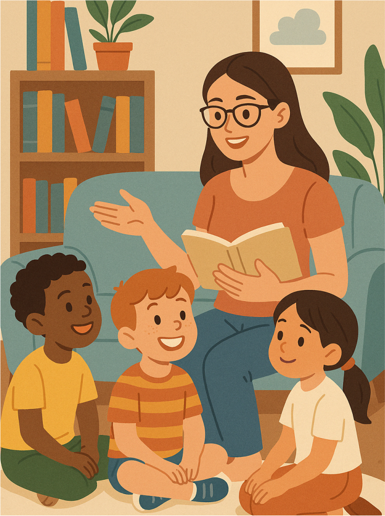 Teacher with two children in a learning environment